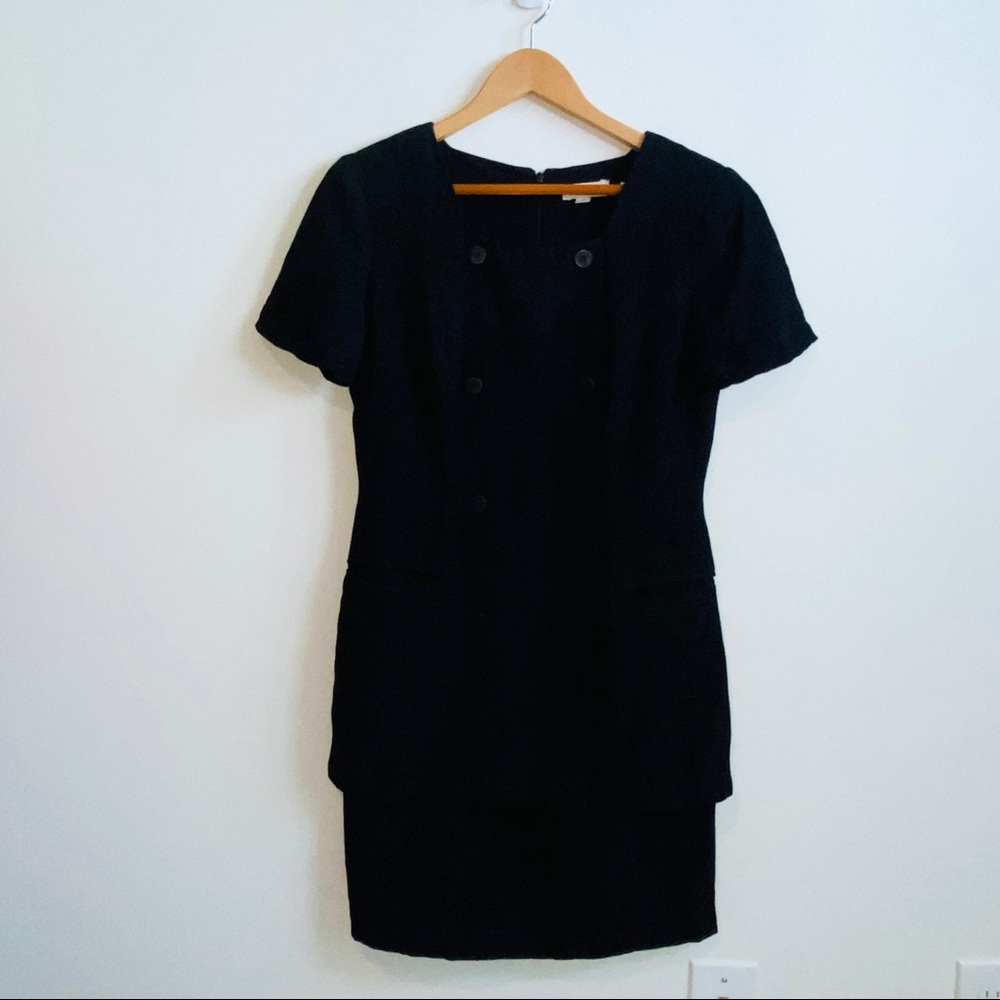 Vintage Black Linen Tiered Double Breasted Linen Dress Size 6